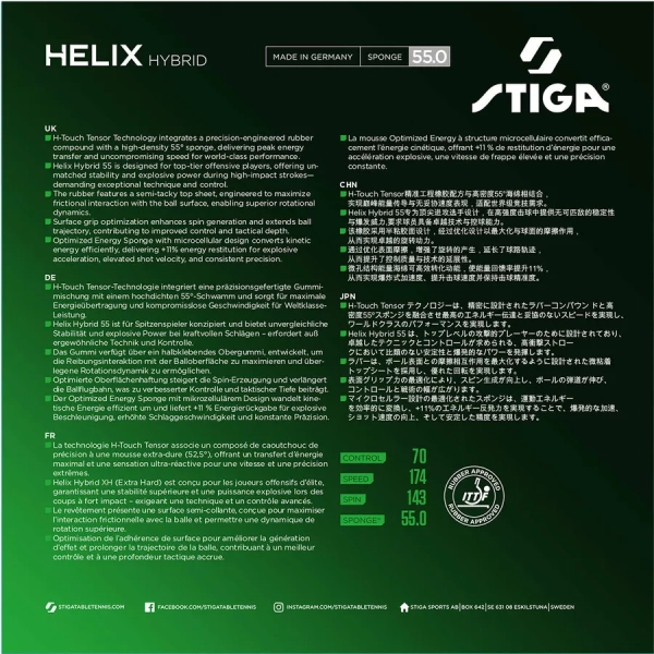 Упаковка накладки Stiga Helix Hybrid 55 обратная сторона с информацией