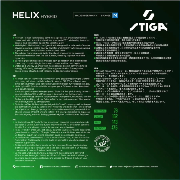 Stiga Helix Hybrid M: обратная сторона упаковки с описанием накладки